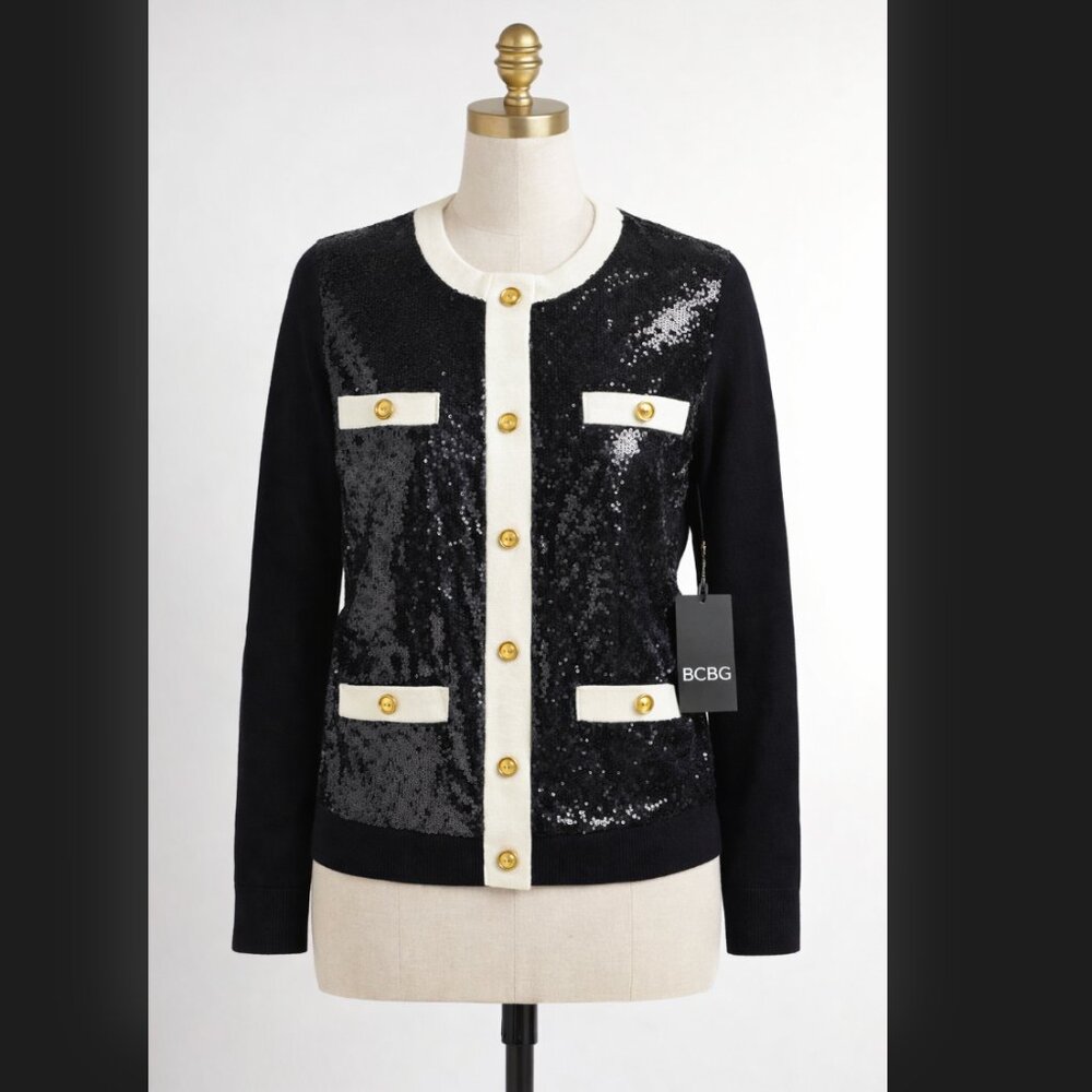 BCBG Black Sequin Cardigan Jacket Gold Buttons NWT